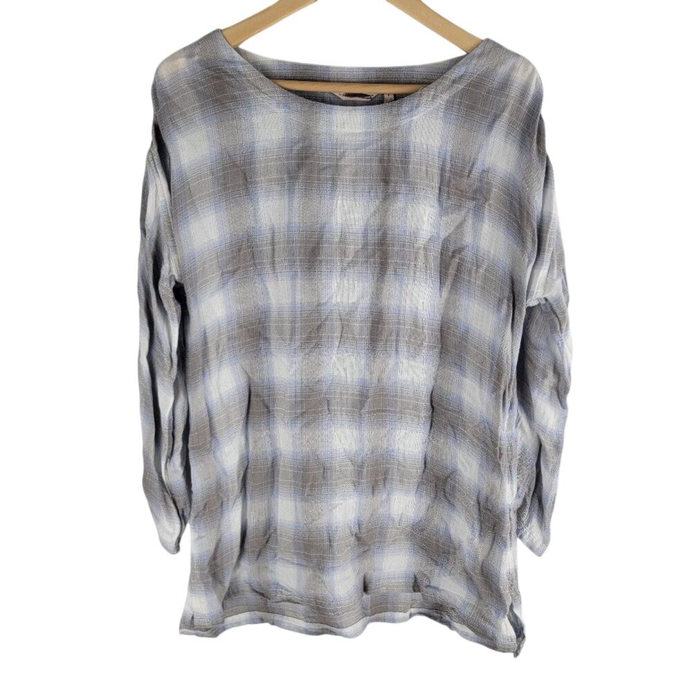 Soft Surroundings Button Up Sleeve Tunic Crew Neck Gray White Size S